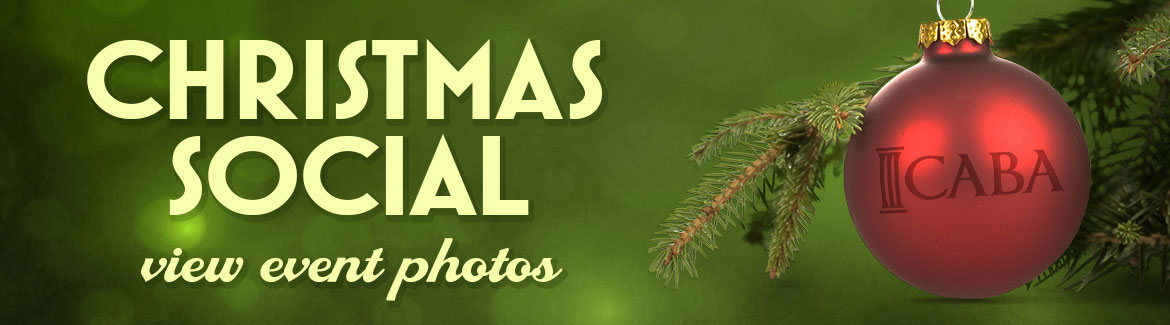 Branch of Christmas tree with ornament featuring CABA logo. Text reads: Christmas Social. View Event Photos.